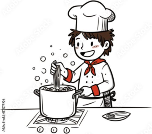 A chef boiling pasta in kitchen, doodle style illustration
