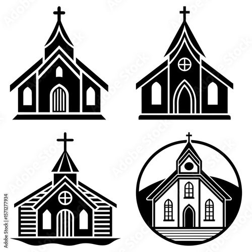 Four church icons in black and white showing different architectural styles and design elements clearly visible