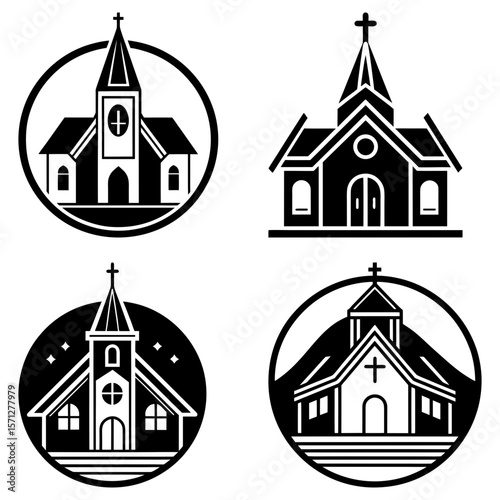 Illustration of four church building designs with crosses in black and white vector format artwork style