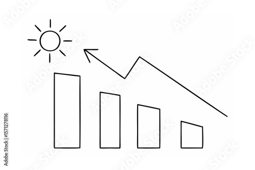 Bar chart with sun and downward trend arrow graph financial