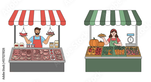 Fresh produce and meat market stalls with farmers displaying goods