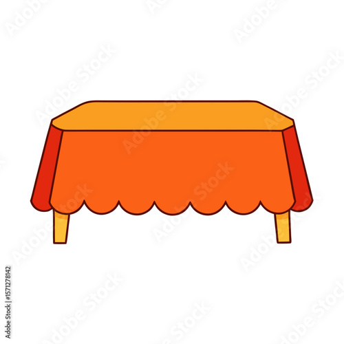 Orange and red scalloped tablecloth on table scalloped edge