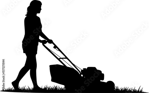 A Person Mowing Lawn with a Lawn Mower Silhouette Vector Illustration
