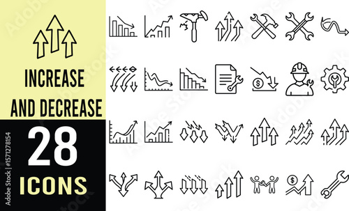 28 Essential Increase and Decrease Line Icons: Growth, Decline, Trend Charts, and Tools