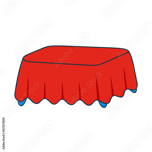 Red tablecloth with blue trim on white fabric