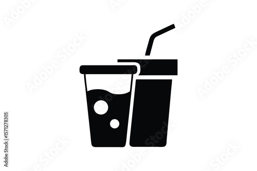 Refreshing Beverage Icons:  Simple Black and White Graphic Illustration of a Soda Cup and a Disposable Drink Cup with Straw, Ideal for Menus, Websites, and Branding Materials, Conveying a Clean and Mo