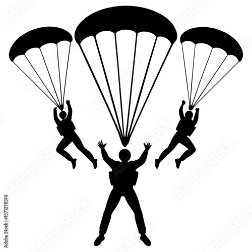 Three skydivers descending with parachutes skydiving