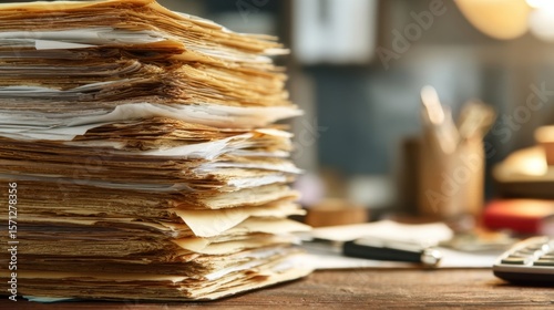 Closeup view of disorganized heaps of vintage documents cascading over an office desk symbolizing the complexities and inefficiencies of bureaucratic systems in modern workplaces.