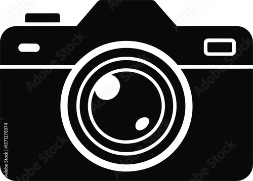 Simple Black and White Camera Icon for Photography and Imaging representing a classic single lens reflex camera in a minimalist vector graphic style