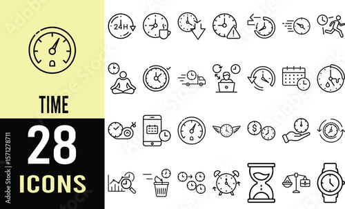 28 Essential Time Management Icons: Line Art Clock, Schedule, and Hourglass Vector Graphics