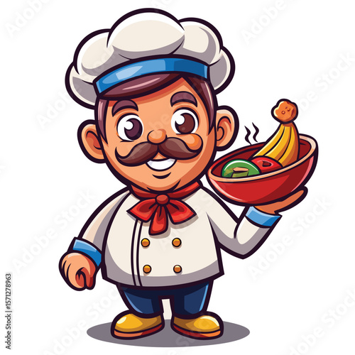 Cartoon chef holding a bowl of fruit and a banana