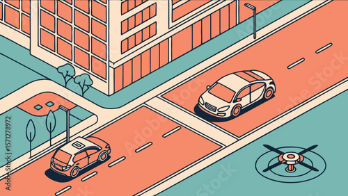 Isometric illustration of two cars on a street with a building trees and a drone in a city setting