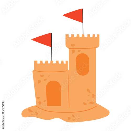 Sand castle with small red flags. Vector illustration in flat style, sand games