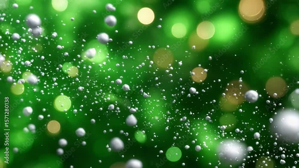 Emerald Bubbles: An abstract depiction of effervescent bubbles floating in a vibrant, emerald green space with bokeh lights creating a dreamy atmosphere.