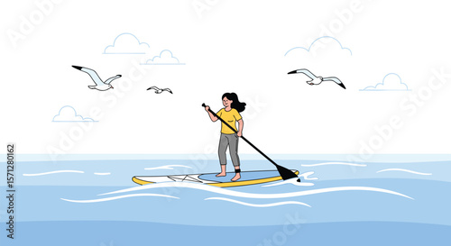 Pixel art person standing paddleboarding across calm ocean waters under a cloudy sky with seagulls flying above