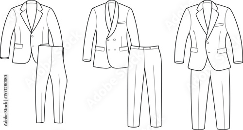 Vector illustration of men’s formal suit designs, three-piece outfit sketch, fashion template for tailoring, apparel branding, garment technical drawing

 flat vector illustration