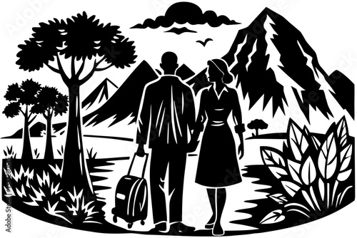 Vector art of silhouette of a couple traveling or exploring nature