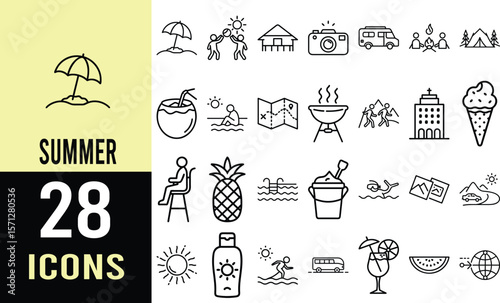 28 Summer Vacation Icons: Line Art Graphics for Websites & Apps