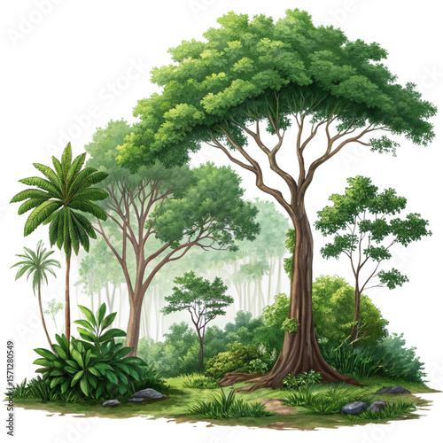 Tropical forest rendering on white background