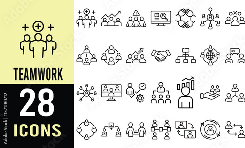 28 Professional Teamwork Icons: Collaboration, Networking, and Team Growth Line Art Graphics