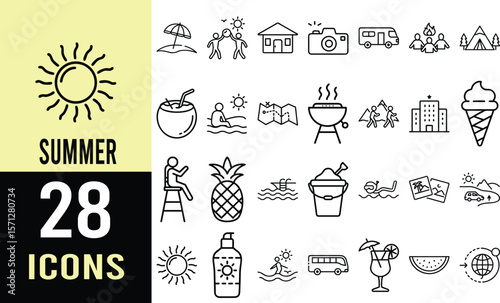28 Summer Vacation Icons: Sun, Beach, Travel, Relaxation Line Art Graphics
