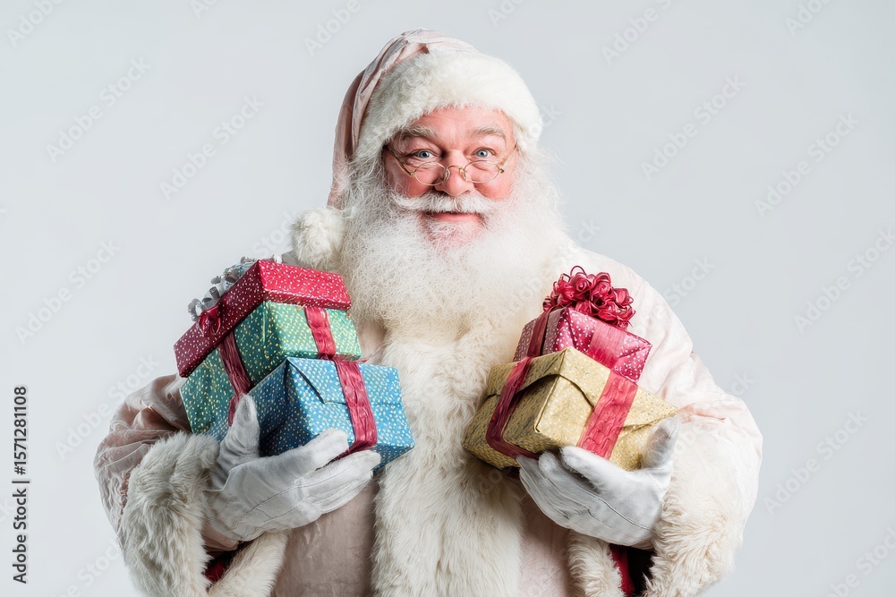 Obraz premium Santa Claus against a white backdrop with presents