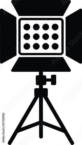 Studio lighting equipment on a tripod used for photography film or video production represented as a simple black and white icon or symbol