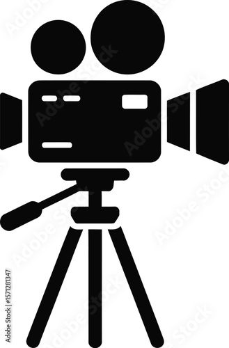 Black and White Silhouette Icon of a Vintage Movie Camera on a Tripod Representing Filmmaking Video Production and the Art of Cinematography with a Classic