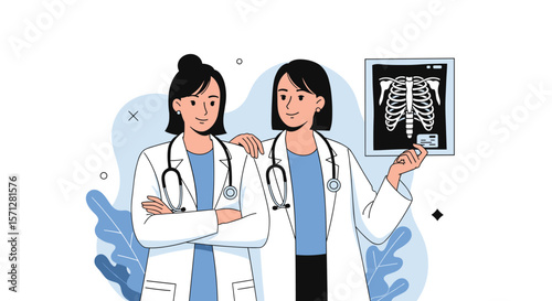 Two female doctors examine x ray image together in medical clinic