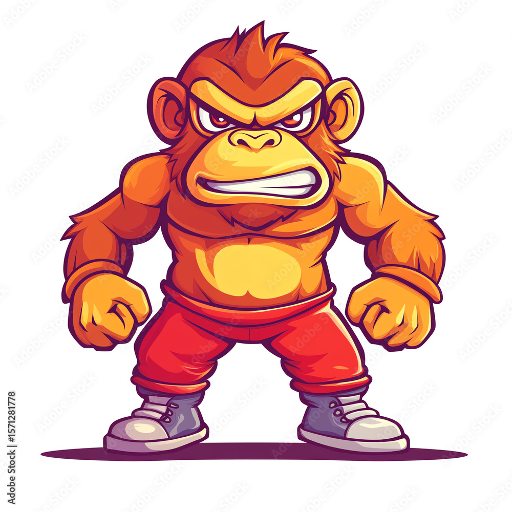 Obraz premium Angry Muscular Cartoon Monkey Ready to Fight, Powerful Primate Mascot, Aggressive Gorilla Character Design, Vector Illustration, Fierce Ape for Branding, Gaming, and More.