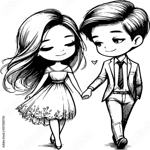 Love's Gentle Stroll: A charming illustration captures a couple, hand in hand, walking together, symbolizing the beginning of a journey filled with love and unity. 