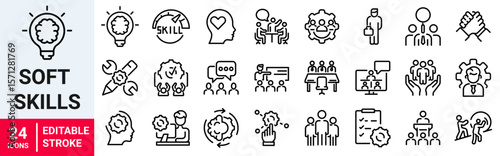 Soft Skills web line icons. Skills, leadership, communication, creativity, empathy, self-motivation, problem solving, teamwork and responsibility. Editable stroke outline Vector illustration