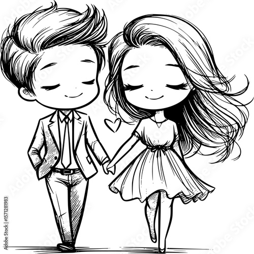 Eternal Embrace: A delightful monochrome illustration of a young couple, hand-in-hand, their eyes closed in a blissful moment of shared affection. captures the essence of love and togetherness