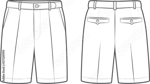 Technical flat sketch of men’s formal shorts, front and back view, vector fashion design template for apparel, clothing, tailoring illustration