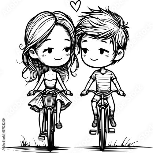 Sweethearts on Wheels: A delightful illustration of a couple, their bond strengthened as they cycle together, capturing the warmth of companionship and shared adventures. 