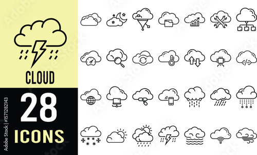 Diverse Cloud Computing & Weather Icons: A Comprehensive Vector Set for Design Projects