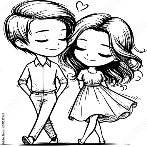 Hand-drawn couple illustration: A charming hand-drawn illustration of a couple walking together, showing a bond of love with intricate lines, and a dreamy appeal.