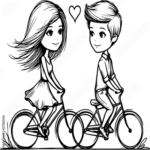 Love's Two-Wheeled Journey: A charming cartoon depicts a young couple cycling together, their eyes locked in a moment of affection and shared adventure.