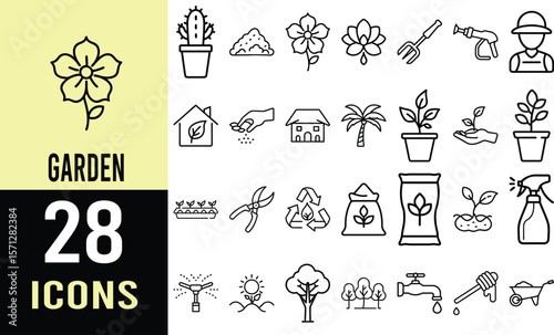 Gardening Icons: Plant Care, Tools, and Growing Plants Line Art Set