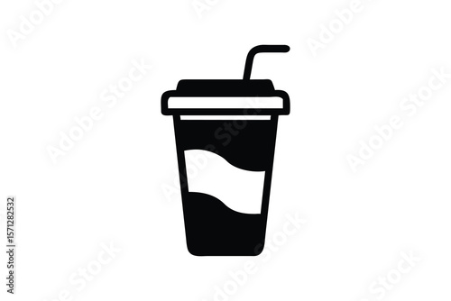 Refreshing Soda Drink in Disposable Cup: Minimalist Black and White Icon, Clean Design, Simple Graphic, Perfect for Branding, Menu, Website, App, or Packaging Design, Modern Style, Thirst-Quenching Vi