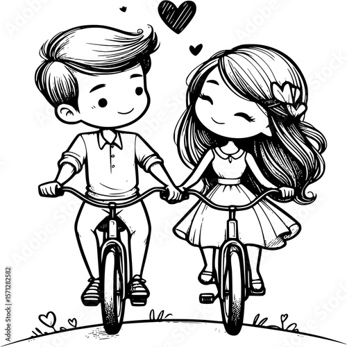 Couple Bicycle Ride Illustration: A cute couple shares a romantic moment, riding bicycles together, under a sky filled with hearts, a heartwarming scene perfect for celebrating love.