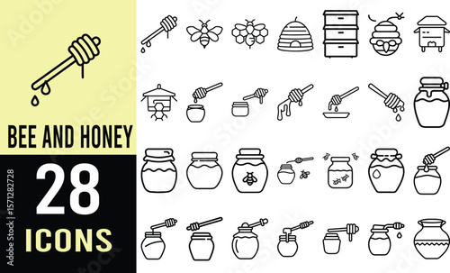 Honey Bee Icons: Collection of Honeycomb, Beehive, Honey Jars, and Honey Dippers Vector Illustrations