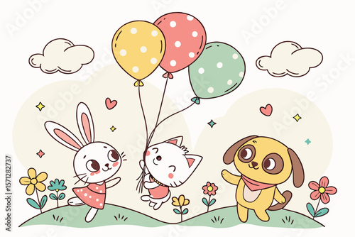 Cartoon illustration of a rabbit, cat and dog with balloons in a whimsical outdoor setting scene