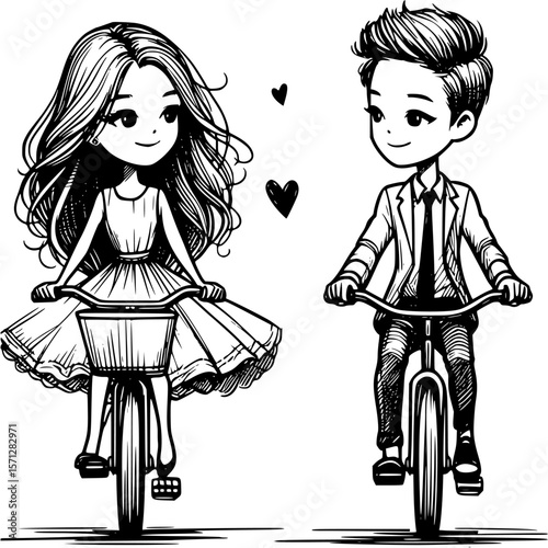 Enchanting Bicycle Ride: Adorable cartoon couple on bicycle against backdrop in monochromatic illustration, heart suspended in air.