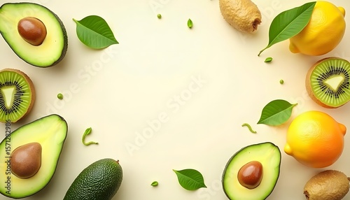 Fruit arrangement featuring avocado halves kiwis lemons and small green leaves on a light background