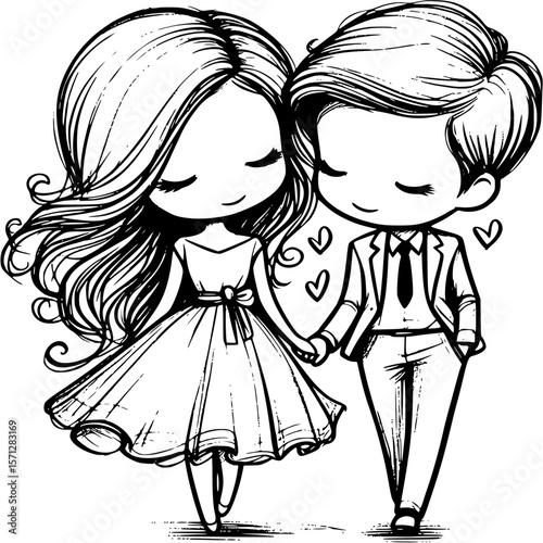Loving couple in Sweet Embrace: An endearing cartoon captures the essence of romance with a charming couple walking hand-in-hand, exuding an air of sweetness.