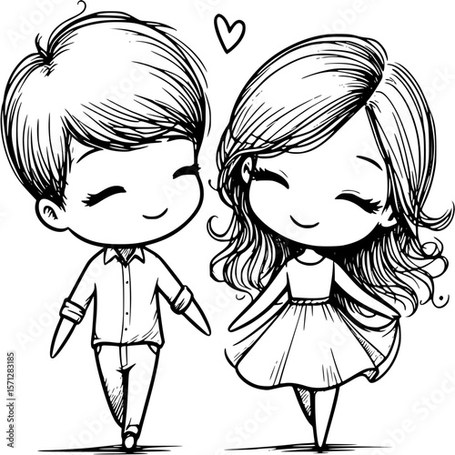 Sweethearts in Monochrome: Charming cartoon couple, boy and girl, embracing each other in adorable embrace. capturing the purest form of love.