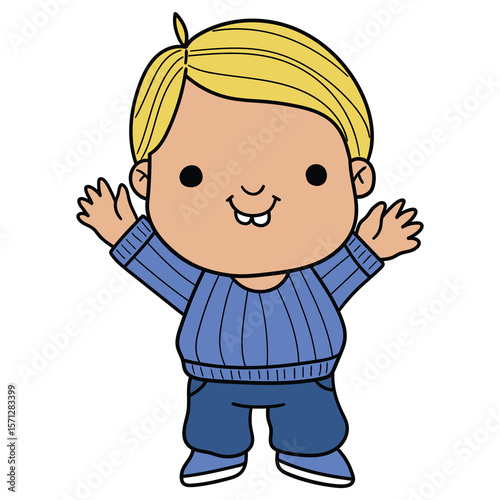 Hand drawn cartoon cute little caucasian boy on white background.