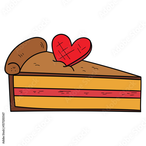 Hand drawn cartoon slice of chocolate cake with heart on white background.
