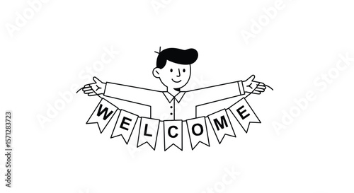 Friendly greeting with a banner displaying the word welcome for visitors